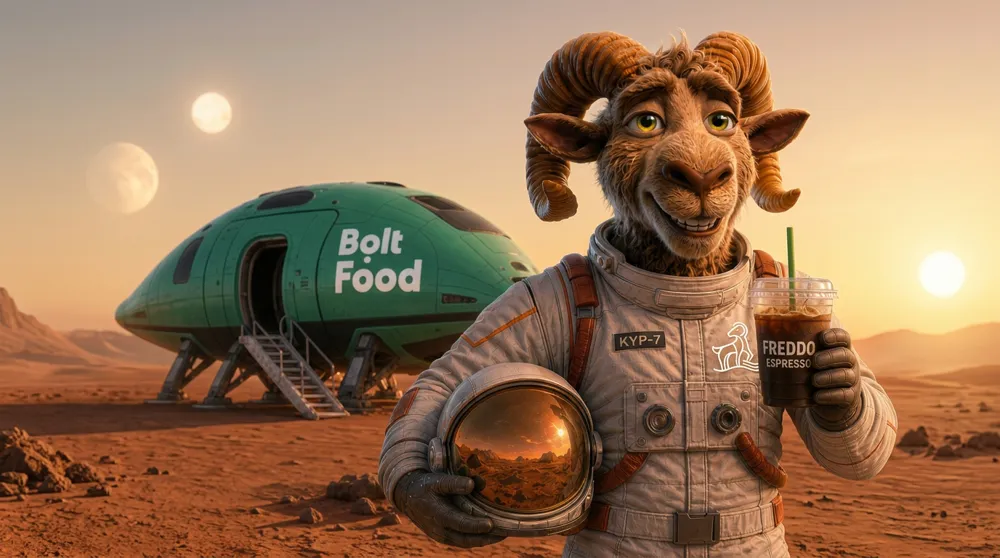 Kyp the ram holding a freddo espresso next to a Bolt Food delivery pod